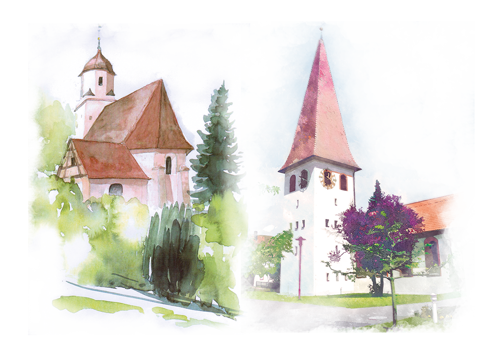 Aquarelle der beiden Kirchen